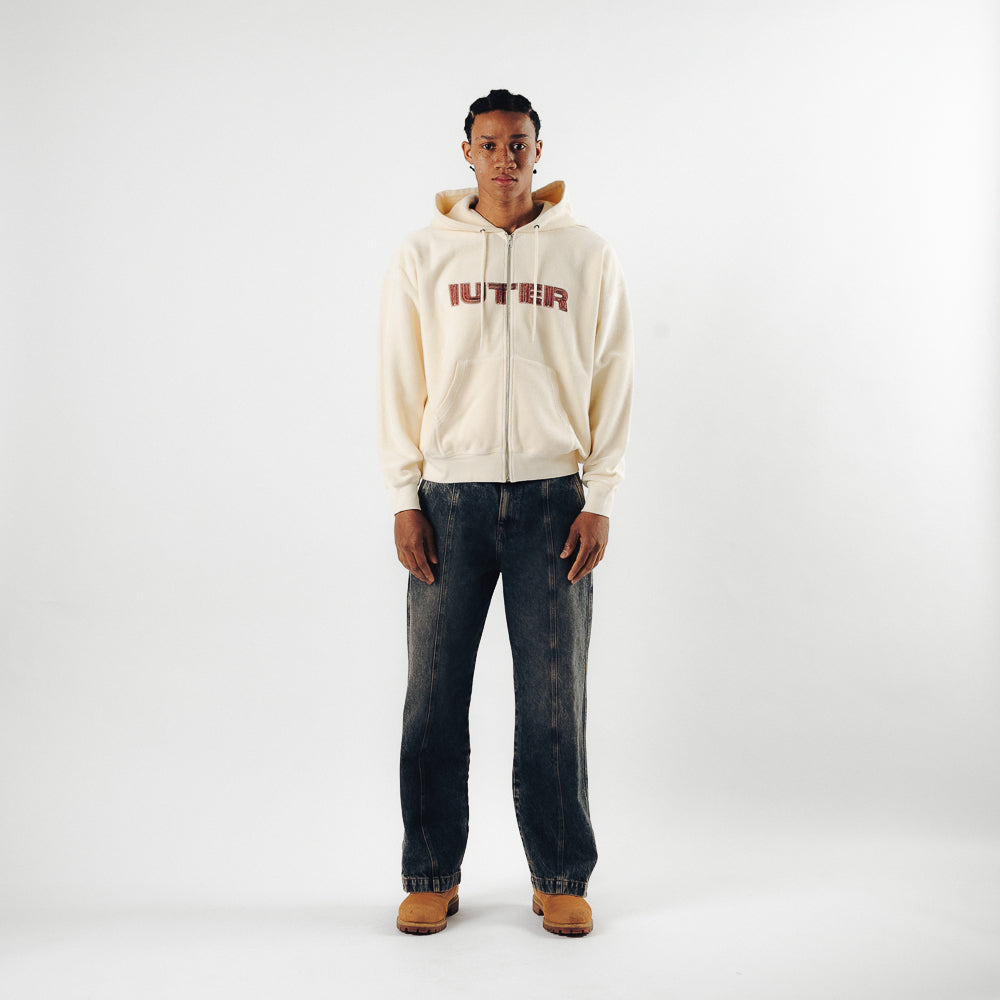 STITCH LOGO REVERSE ZIP HOODIE IVORY