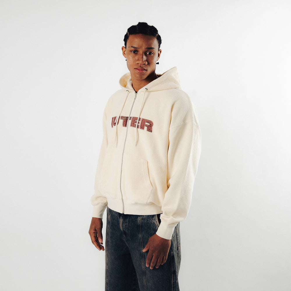 STITCH LOGO REVERSE ZIP HOODIE IVORY
