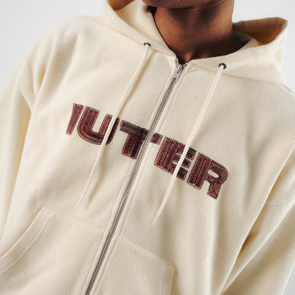 STITCH LOGO REVERSE ZIP HOODIE IVORY