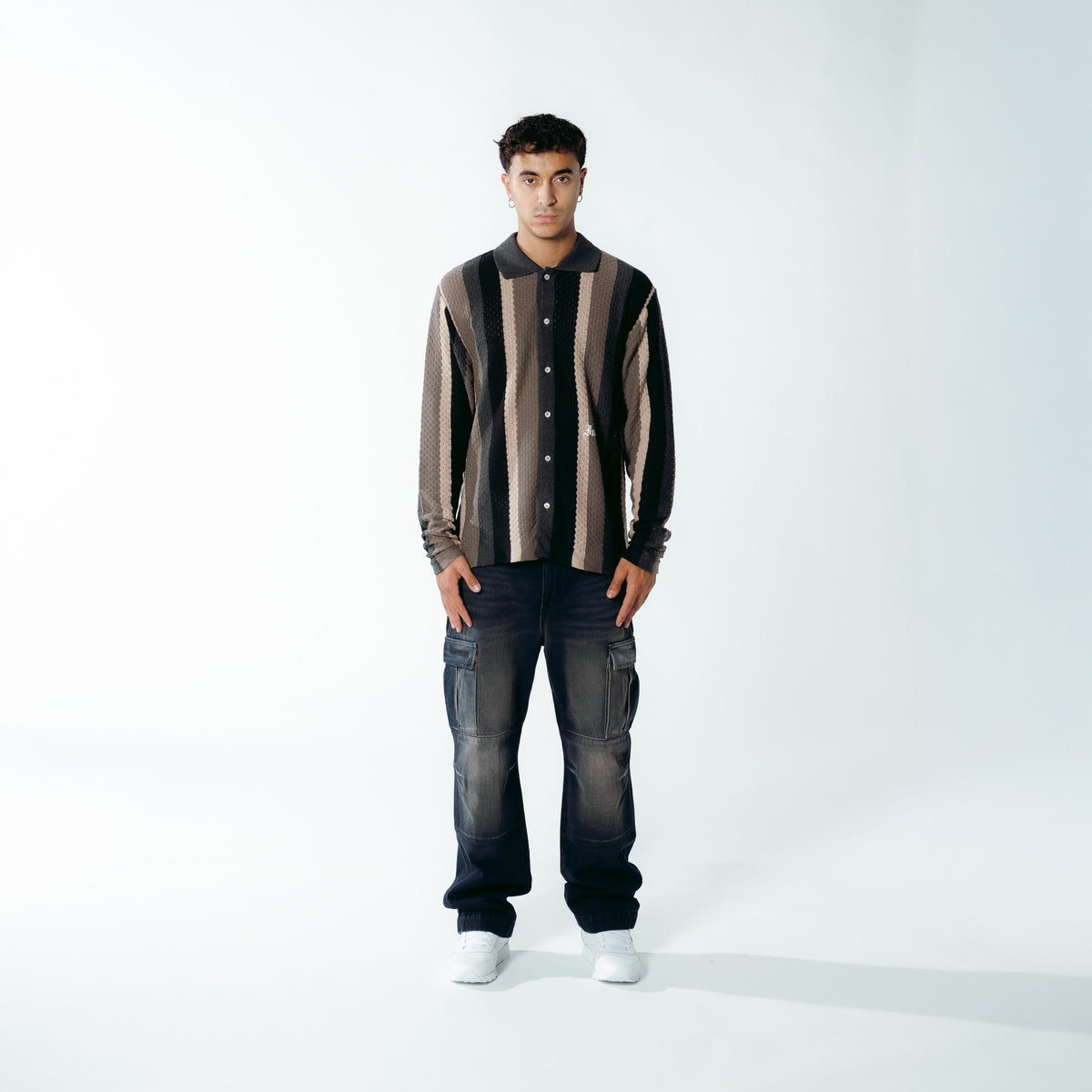 STRIPED KNIT L/S SHIRT BLACK