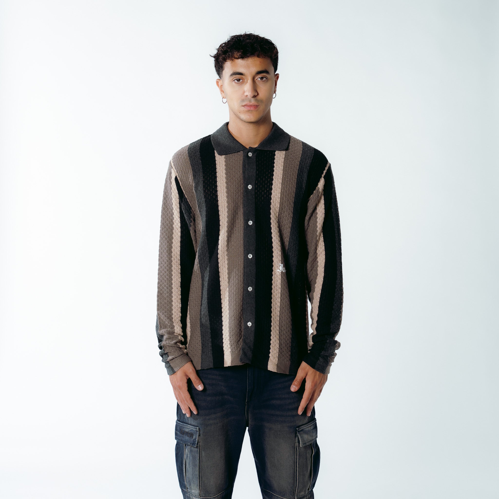 STRIPED KNIT L/S SHIRT BLACK