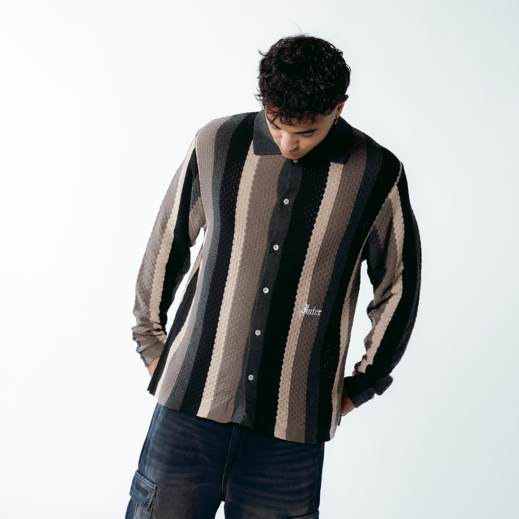 STRIPED KNIT L/S SHIRT BLACK
