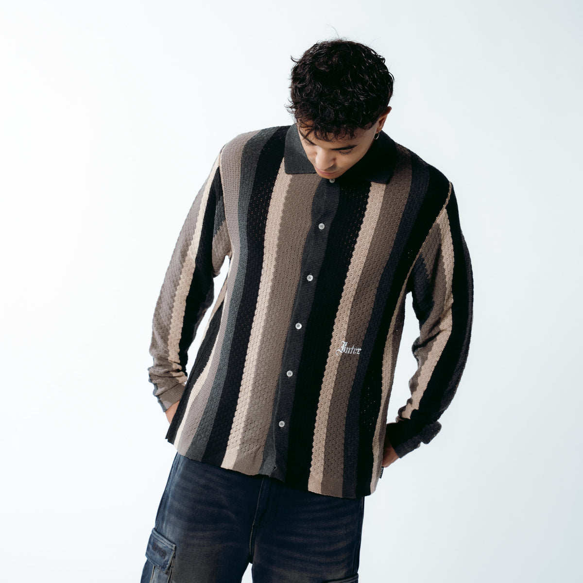 STRIPED KNIT L/S SHIRT BLACK