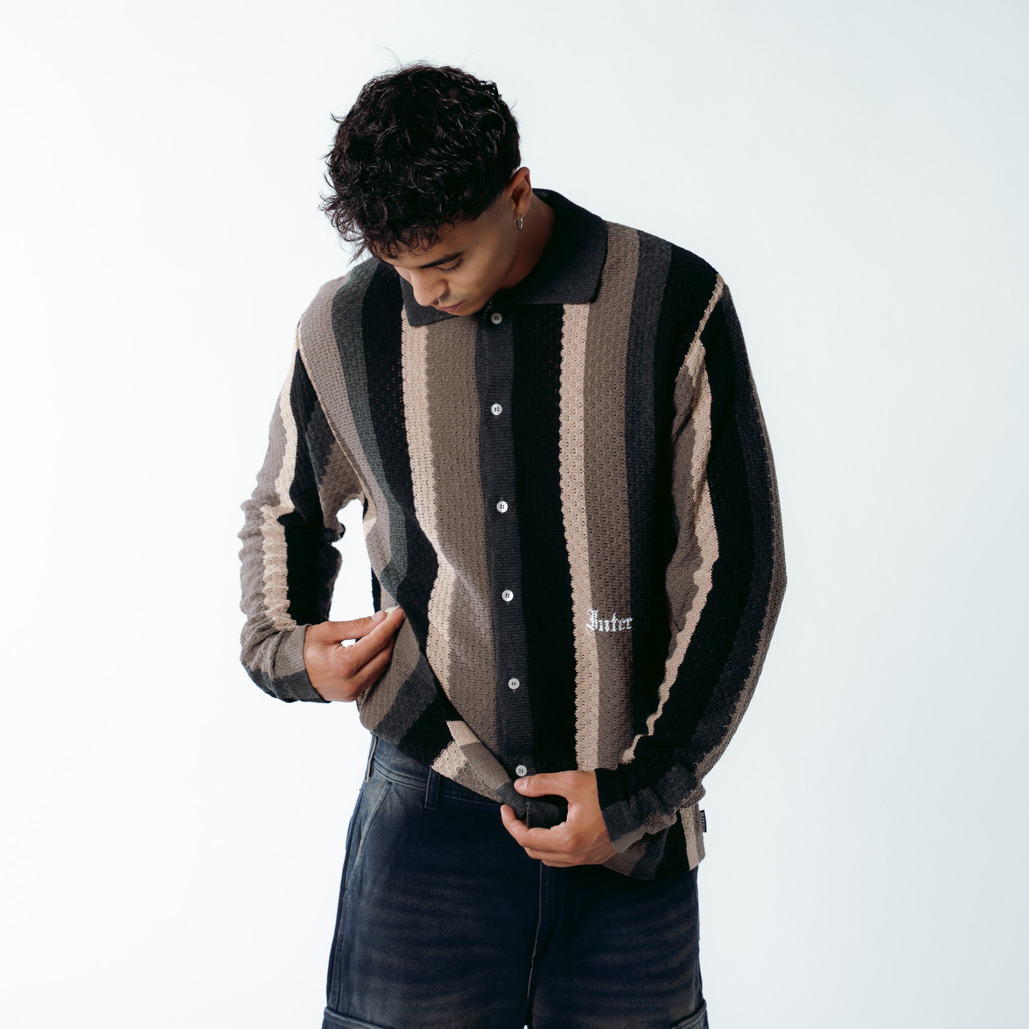 STRIPED KNIT L/S SHIRT BLACK