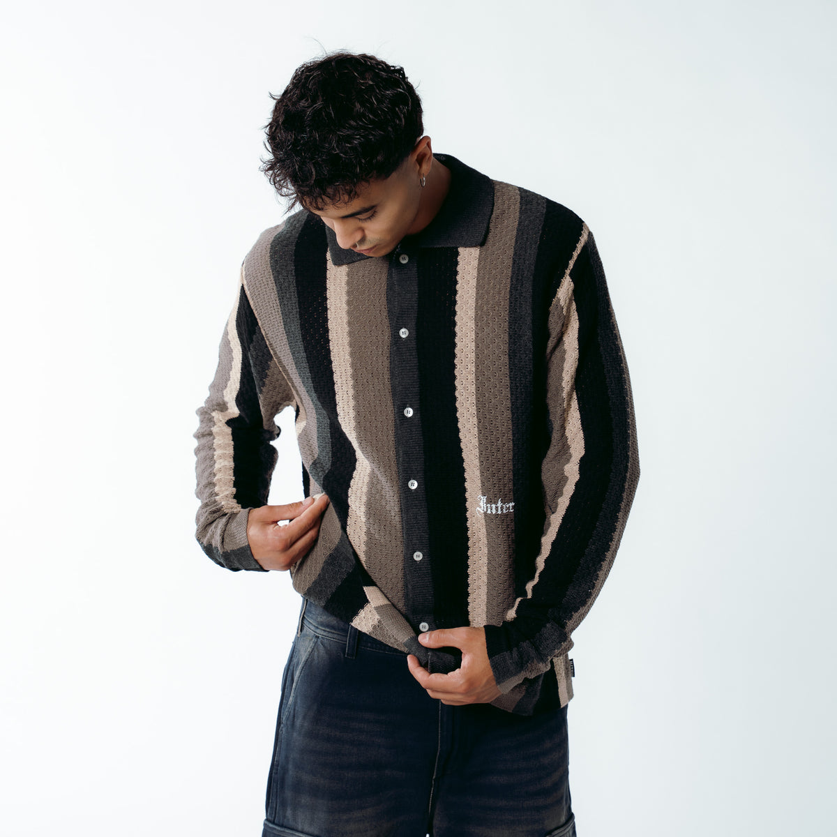 STRIPED KNIT L/S SHIRT BLACK