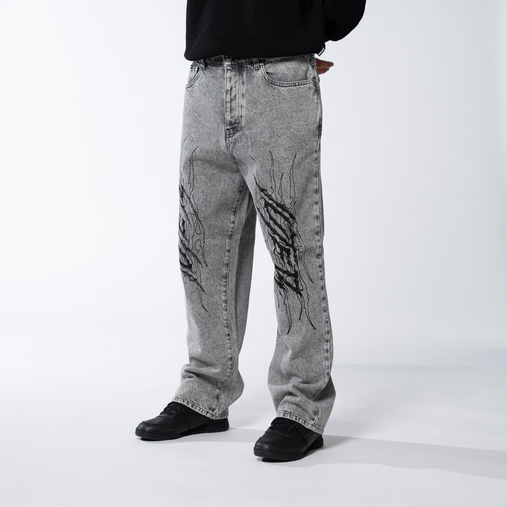 TRIBAL BAGGY DENIM PANTS GREYTR